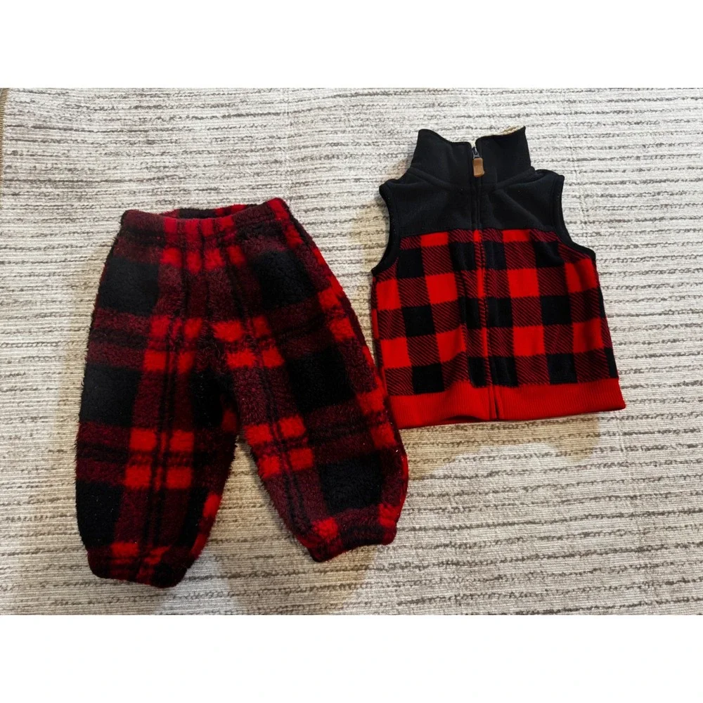 Carters Shein Baby Boys Red Black Buffalo Plaid Fleece Vest and Joggers Set 12M